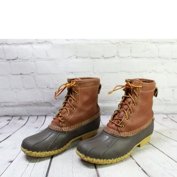LL Bean Brown Leather Lace Up Plaid Lined Ankle Duck Boots Size 9 M - Picture 2 of 9